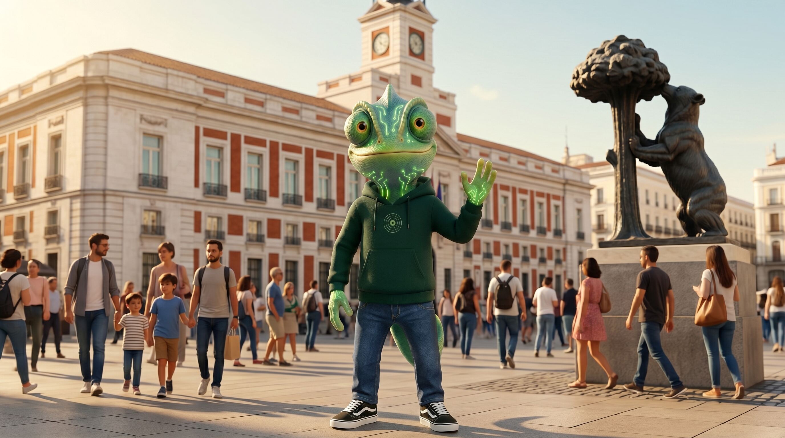 Calajan en la Puerta del Sol de Madrid con el oso y el madroño al fondo